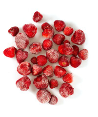 Poster - Frozen strawberries isolated on white background. Berries are being preserved for winter.