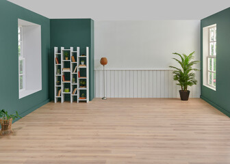 Wall Mural - Empty living room, white bookshelf, vase of plant, lamp, home house concept, brown parquet.