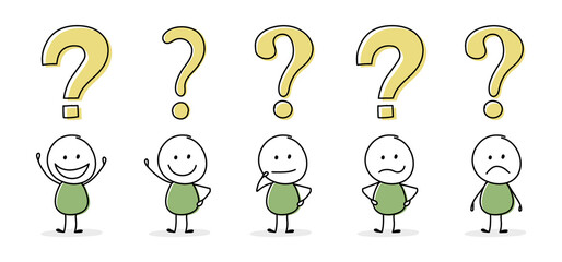 Sticker - Funny stickman with question mark symbol. Icon set. Vector