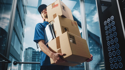 Wall Mural - Young Delivery Person Riding Glass Elevator in Modern Office Building. Mail Courier Holding Cardboard Parcel Boxes. Handsome Mailman Delivering Fragile Packages in Business Center Lift.