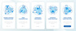 Types of PR firms blue onboarding mobile app screen. Public relations walkthrough 5 steps graphic instructions pages with linear concepts. UI, UX, GUI template. Myriad Pro-Bold, Regular fonts used