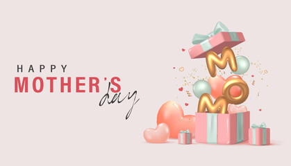 Wall Mural - 3D Realistic Happy Mother's Day Ceative Concept for Greeting Card, Banner and Template. Mom balloon words with gift boxes Vector Illustration.