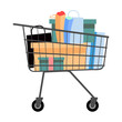 © IMGvisualsCharacters - Shopping cart filled with boutique boxes semi flat color vector object. Full sized item on white. Purchasing new clothes simple cartoon style illustration for web graphic design and animation