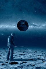 Aufkleber - A man is standing on the lunar surface peeing towards the Planet Earth - The Earth as Seen from the Surface of the Moon milky way galaxy in the background 