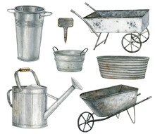 Farmhouse Decor Clipart. Country Farm Gardening, Vintage Rusty Iron Element. French Style,zink Wagon, Metal Watering Can  Galvanized Flower Pot.