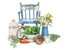 Watercolor Spring Composition, Country Farm Kitchen Decor, Gardening, Farmhouse,vegetable, Daffodil Flower Bouquet, Vintage Rusty Element, Blue Chair, Bird Cage