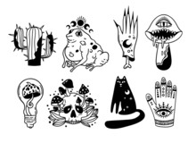 Mystical Trippy Isolated Cliparts Bundle, Goblincore Aesthetics, Mystical Toad, Black Cat, Creepy Mushroom, Hand, Skull - Esoteric Witchy Stuff, Black And White Illustration