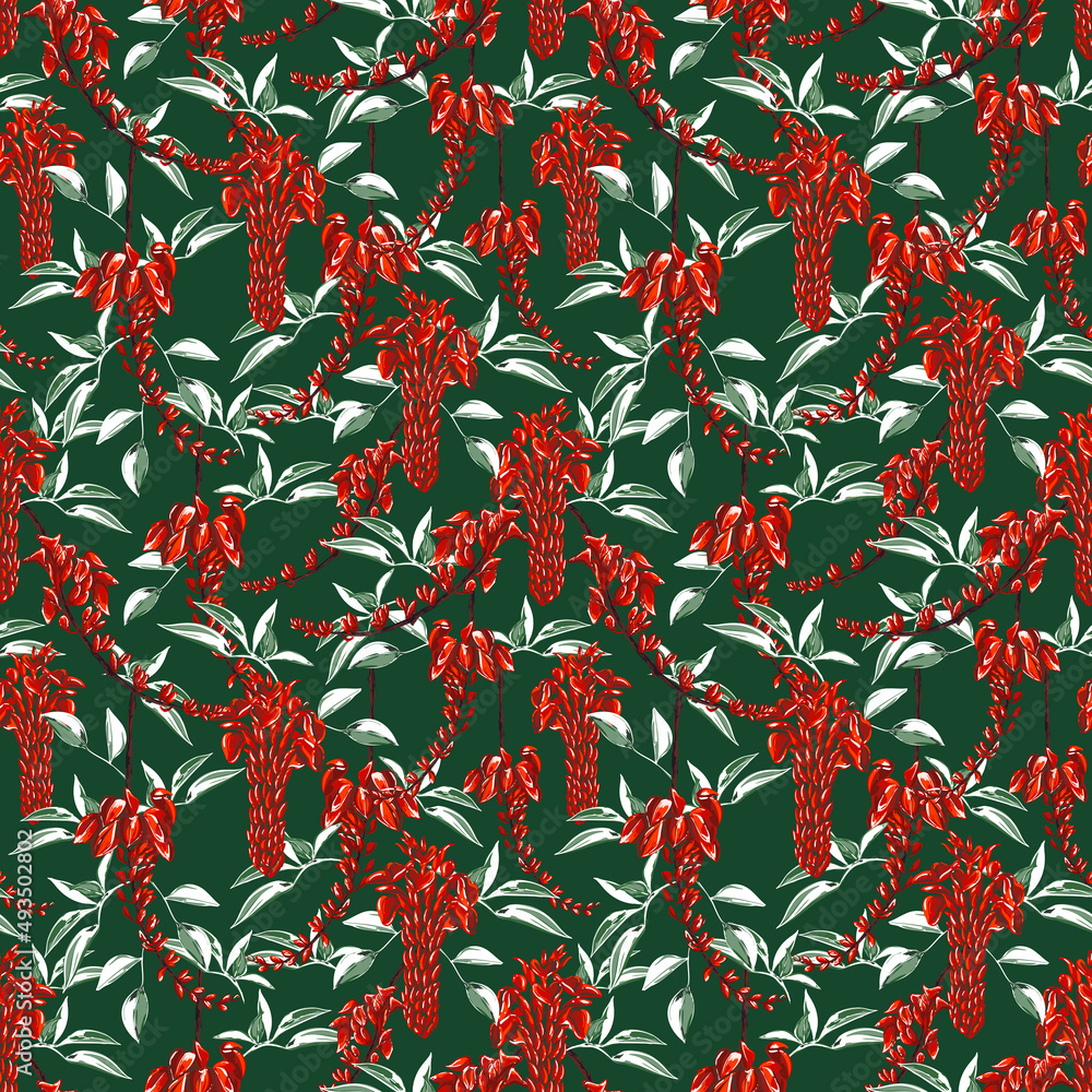 Hand drawn Blooming coral tree, Cockspur Coral Tree seamless pattern ...