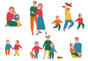 Set of family portraits. Walk outdoors in the park. A couple, father and daughter, mother and son, brothers and sisters, and all together. Vector illustration in cartoon style