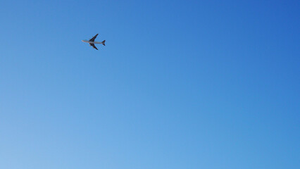 Wall Mural - The big four-engine transport airplane is flying far away. Clear blue sky. International air freight. Wallpaper or background