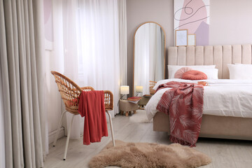 Sticker - Modern bedroom interior with large stylish mirror and comfortable furniture