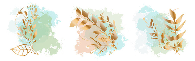 Set of floral frames with different grasses, ferns and leaves. Flowers with ornaments and gold glitter effects. Element design. Vector illustration with colorful watercolors and gold. Hand drawn lines