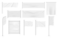 Realistic White Textile Banners, Blank Waving Flags On Flagpoles. Hanging Flags, Pennant Banner, Fabric Signboard For Advertising Vector Set. Empty Template For Promotion Or Announcement