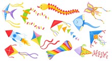 Cartoon Flying Kites In Various Shapes, Colorful Kids Wind Toys. Butterfly, Diamond Kite For Festival, Outdoor Summer Activity Vector Set. Childhood Leisure Entertainment, Isolated Paper Kites
