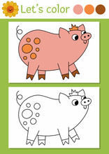 On The Farm Coloring Page For Children With Pig. Vector Rural Country Outline Illustration With Cute Farm Animal. Color Book For Kids With Colored Example. Drawing Skills Printable Worksheet.
