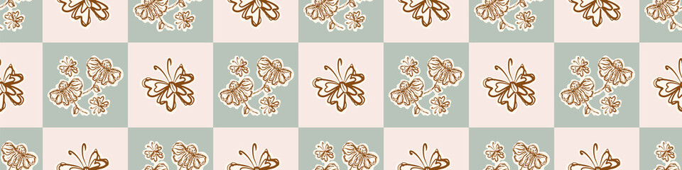 Gender neutral floral seamless vector border. Simple whimsical 2 tone banner. Kids nursery wallpaper or scandi bordur. 