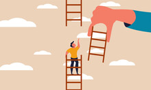 Help Business And Career Ladder Broken. Trust Bridge With Hand For Climbing Businessman Vector Illustration Concept. People Rise And Person Support Employee. Company Staircase And Partnership Strategy