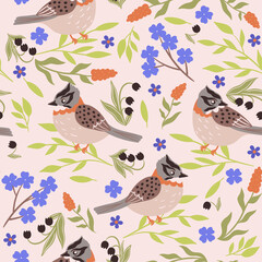 Wall Mural - Seamless pattern with birds and flowers. Vector graphics.