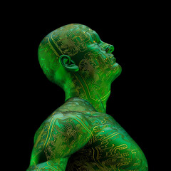 Wall Mural - digital servant - 3d illustration of green male figure with computer circuit board covering body iso