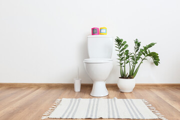 Wall Mural - Paper rolls on toilet bowl and houseplant in interior of stylish restroom