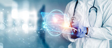 Doctor In Containment Suit Using A Tablet Pen Technology With 3d Hologram Display, Female Anatomy Diagnosis Analysis , Medical Healthcare Specialist Worker Banner Copyspace Hospital Background