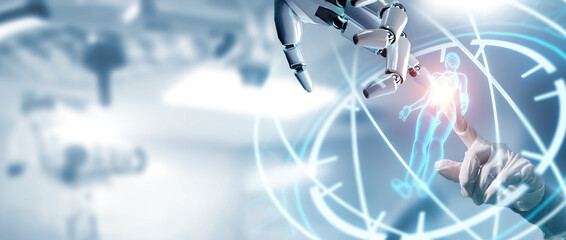 Wall Mural - Robot hand ai artificial intelligence assistance for medical healthcare practices operation surgical performance, unity with human and ai concept, with graphical icon display blue banner background