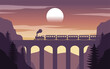 silhouette design of train passing cliff by the bridge,vector illustration