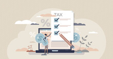 Tax Refund And Annual VAT Declaration With Money Payback Tiny Person Concept. Government Taxation Document Form Fill Up To Get Financial Payment From Budget Vector Illustration. Percentage Calculation