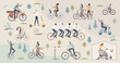 Riding bike set with various bicycle activity athletes tiny person collection. Outdoor biking activity for modern and hypster transportation method vector illustration. Elements with cycling lifestyle