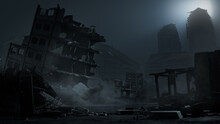 Atmospheric Warfare Concept With Ruins And Damaged Buildings.