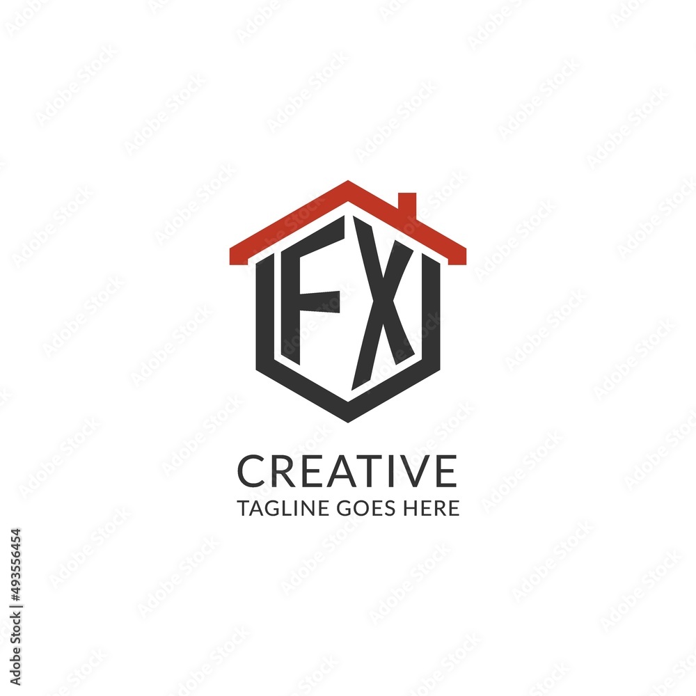 Initial logo FX monogram with home roof hexagon shape design, simple ...