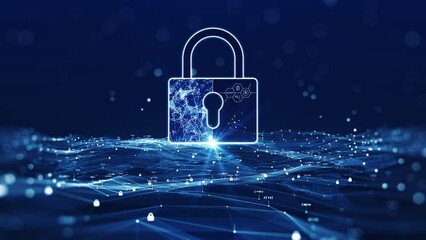 Cybersecurity technology concept data protection and privacy. The large padlock is prominently centered above the polygon and the smaller binary padlock is connected in a slow-motion blue background.