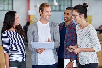 Aufkleber - Brainstorming with the gang. Group of office staff having a positive discussion, standing in their office.
