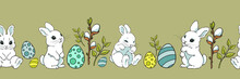 Seamless Spring Banner Pattern, Easter Bunny And Bright Easter Eggs, Willow Branch, Spring Willow, Cute Little Hare, Hand-drawn On Colored Background For Printing On Fabric, Website Banner, Wallpaper