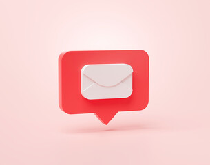 Fototapete - E-mail or envelope inbox shape social media notification icon in speech bubbles 3d cartoon banner website ui on pink background 3d rendering illustration