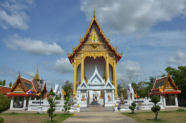 Ancient architecture antique building ubosot church of Wat Bang Phai temple royal monastery for thai people travel visit respect praying buddha and holy worship at Bangbuathong in Nonthaburi, Thailand