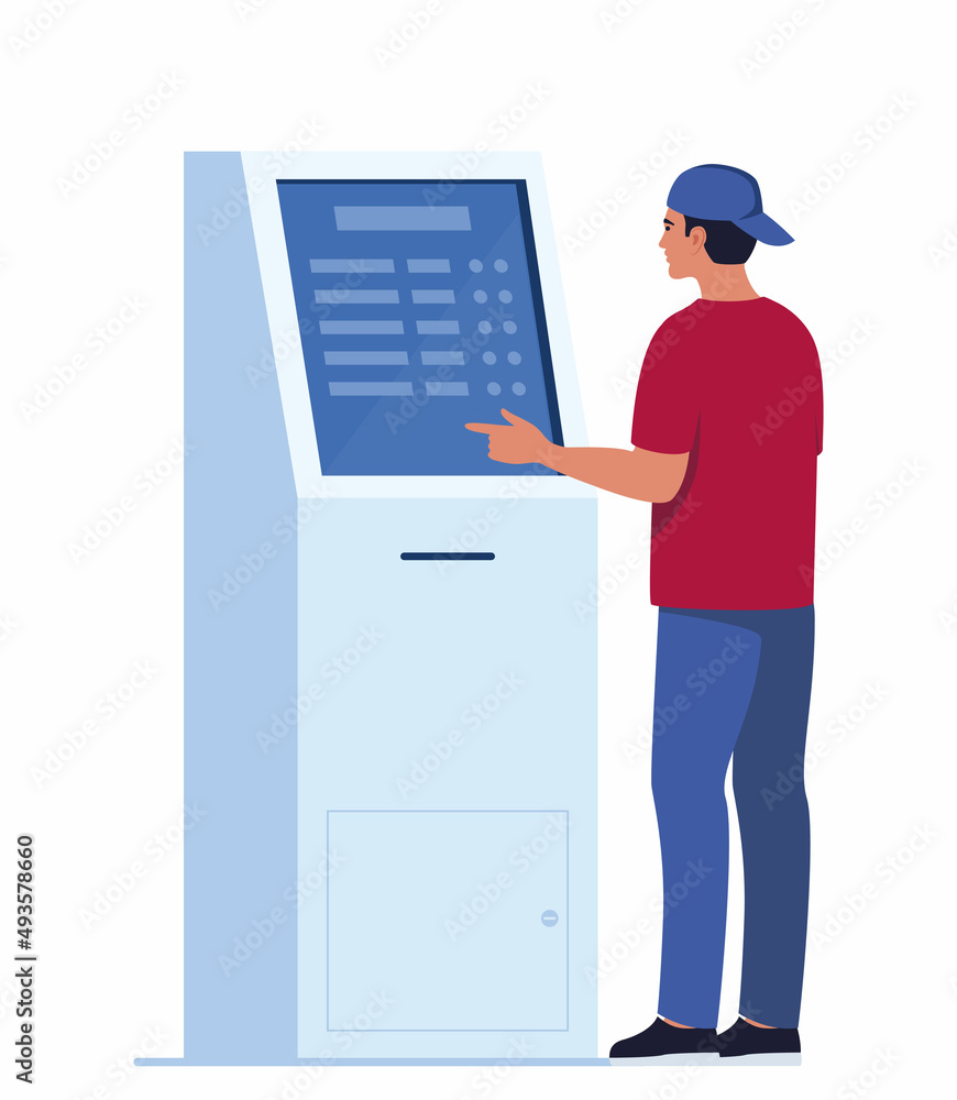 Man using self-service payment and information electronic terminal with ...