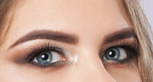 Beautiful Eyes Of A Woman With Bright Make-up Close-up.  Makeup And Healthy Clean Skin. Professional Makeup Concept