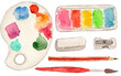 Watercolor collection of artist's tools. Paints, brush, pencil, grater, shavings, palette isolated on white background.