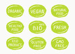 © Viktoriia - Set of hand drawn green food labels - natural, organic, healthy, eco product, vegan, bio, gluten free, gmo free, fresh. Vector illustration.
