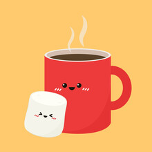 Funny Marshmallows Characters  And Cup Of Coffee. Marshmallows Character Design. Dessert Cartoon.