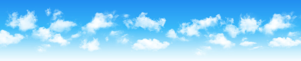 Wall Mural - sunny day background panorama, blue sky with white cumulus clouds, natural summer or spring backgrou