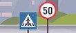 © PaleStudio - Traffic signs on city road and transportation simple concept flat vector illustration.