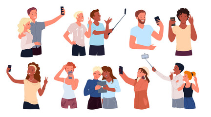 People hold mobile phone for selfie photo set vector illustration. Cartoon young happy characters photograph using camera in smartphone on stick, lifestyle pictures of woman and man isolated on white