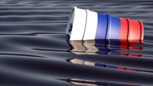 Oil Drum With Russia Nation Flag Swimming In An Ocean Of Black Oil. 3D Rendering