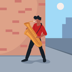 Wall Mural - saxophonist man in the street