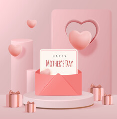 Wall Mural - 3D Realistic Happy Mother's Day Creative Concept for Greeting Card, Banner and Template. Mom balloon words with gift boxes Vector Illustration.