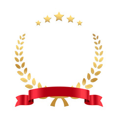 Wall Mural - Gold laurel wreath with red ribbon and stars, golden award with olive branch for winner
