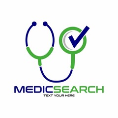 Medical search vector logo template. This design use magnifying glass and stethoscope symbol. Suitable for finder doctor business.