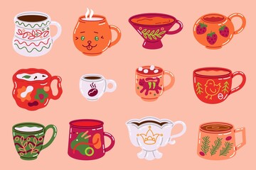 Wall Mural - Doodle cups. Mugs for coffee, tea and other hot drinks with minimalistic abstract textures. Vector crockery set